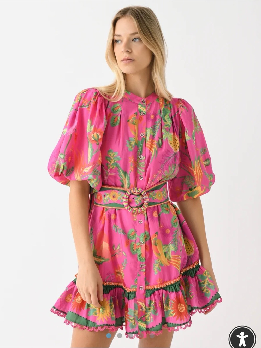 FARM Rio Hot Pink Tropical-Print Button Mini Dress with Belt